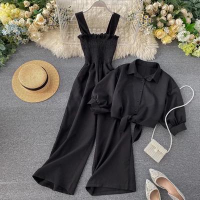 Seaside wide legged Pleated Jumpsuit with lace up blouse
