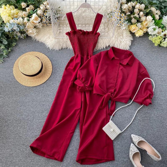 Seaside wide legged Pleated Jumpsuit with lace up blouse