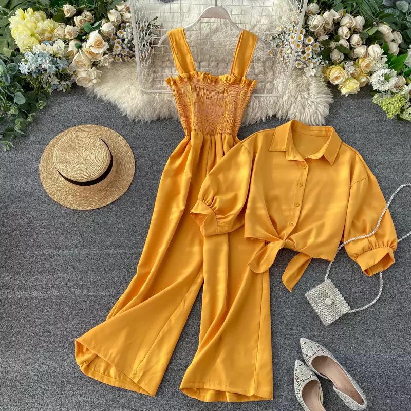 Seaside wide legged Pleated Jumpsuit with lace up blouse