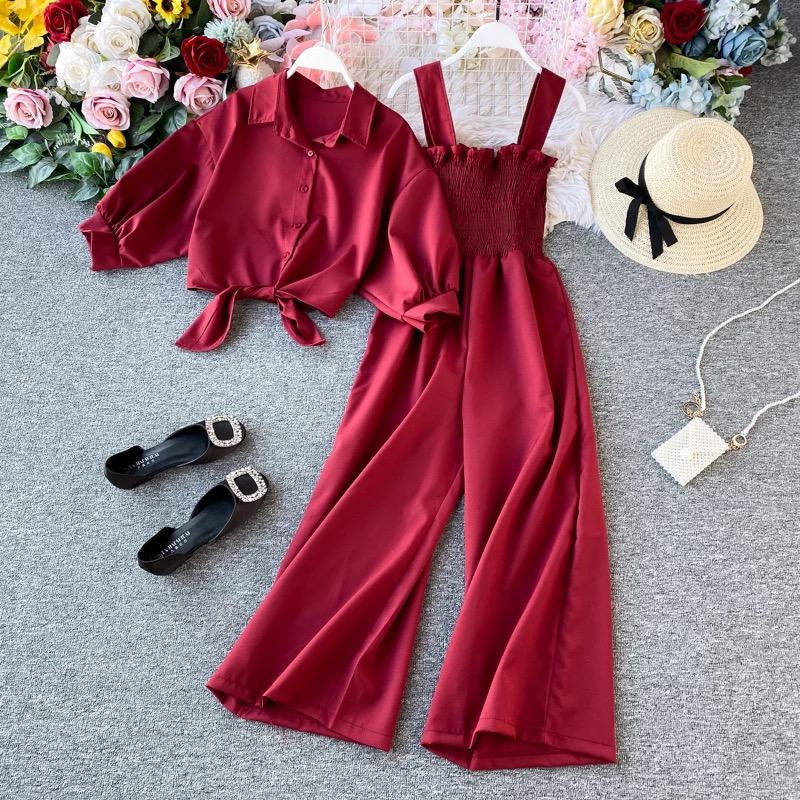 Seaside wide legged Pleated Jumpsuit with lace up blouse