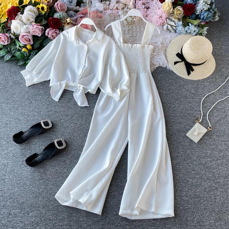 Seaside wide legged Pleated Jumpsuit with lace up blouse
