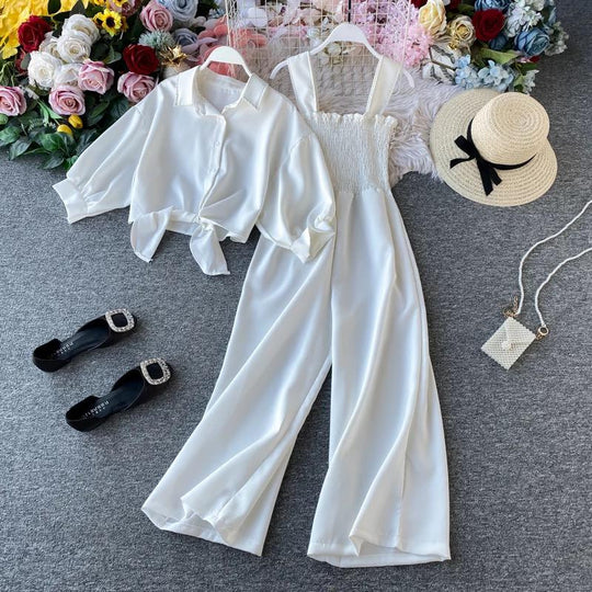 Seaside wide legged Pleated Jumpsuit with lace up blouse