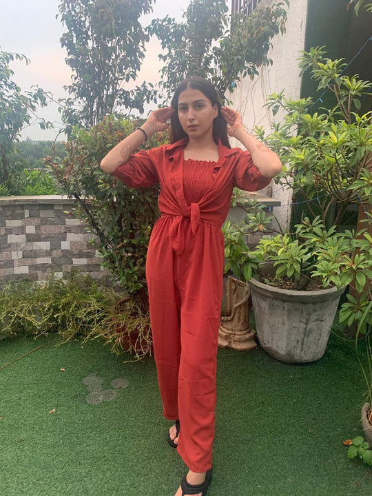 Seaside wide legged Pleated Jumpsuit with lace up blouse