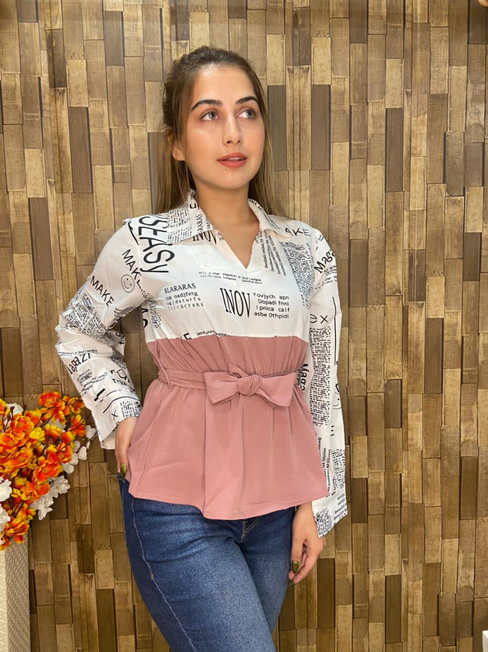 Avril Newspaper Print Peplum Top