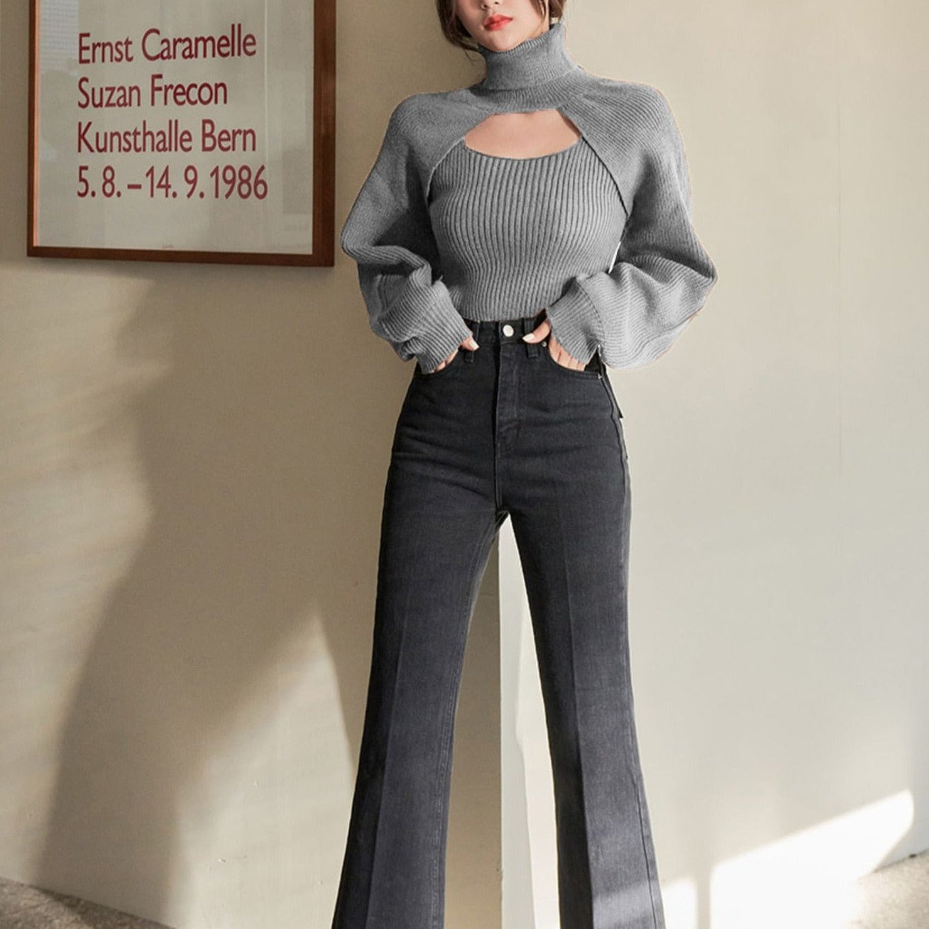 Angelina Turtle Neck Knitted Sweater with Cropped Top