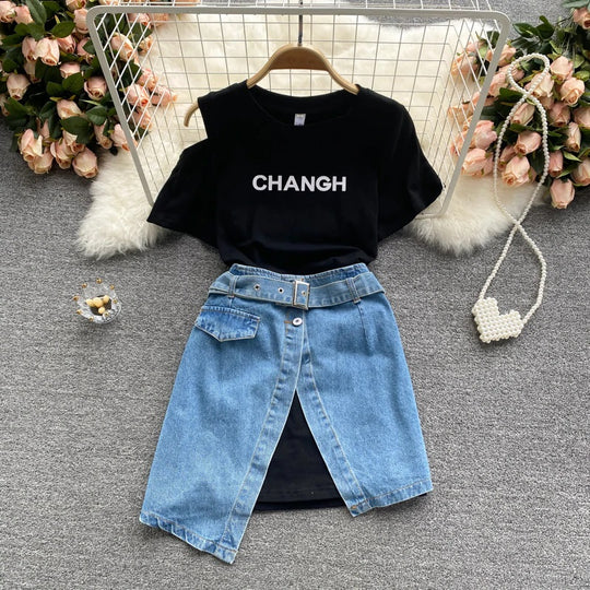 Eden T-shirt dress with Denim Skirt and Belt