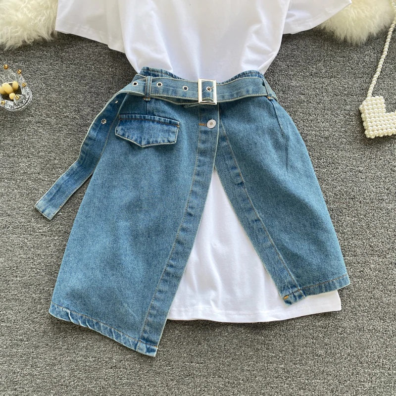 Eden T-shirt dress with Denim Skirt and Belt