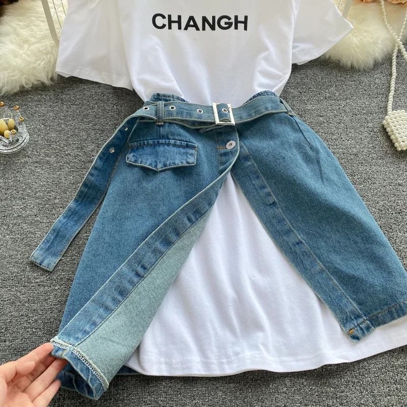Eden T-shirt dress with Denim Skirt and Belt