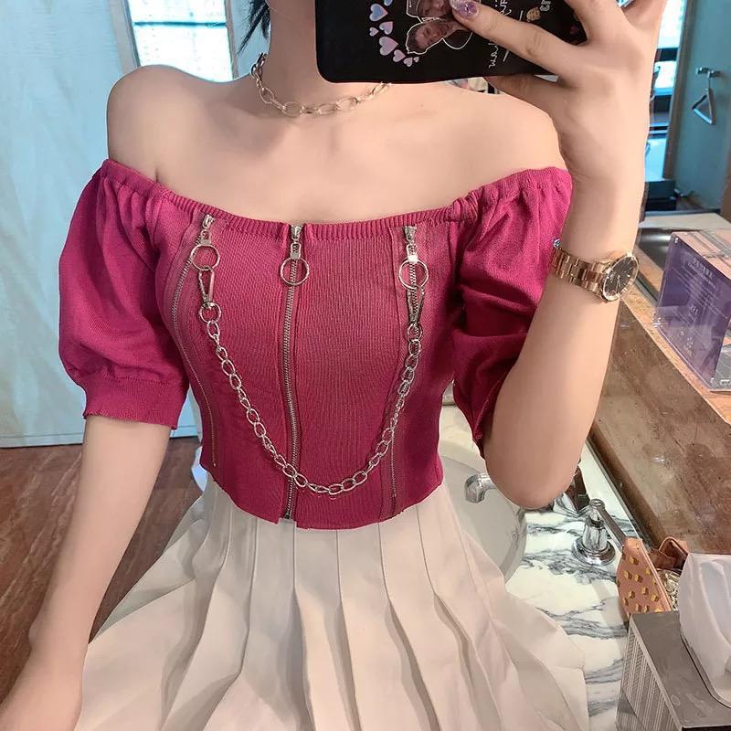 Krabi zipper chained top with lantern sleeves