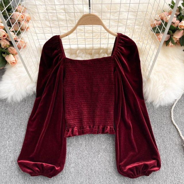 Hillary Long Sleeves Velvet Padded Blouse with Chain Detailing
