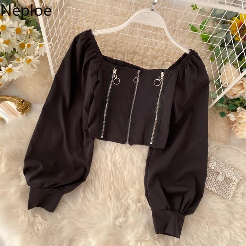 Krabi zipper chained top with lantern sleeves