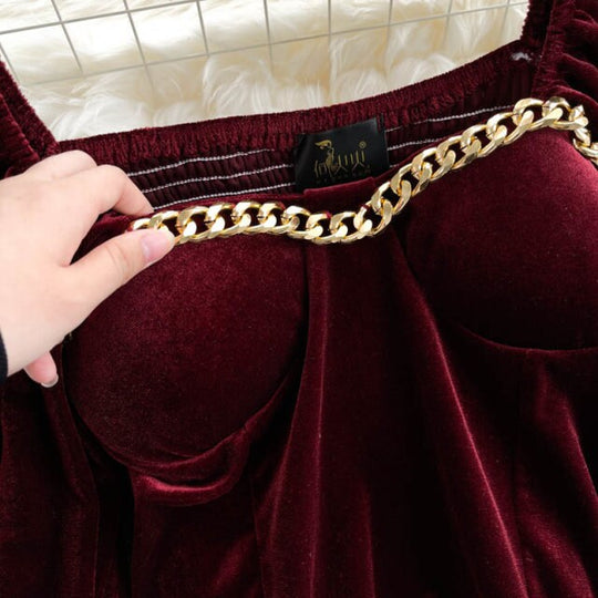 Hillary Long Sleeves Velvet Padded Blouse with Chain Detailing