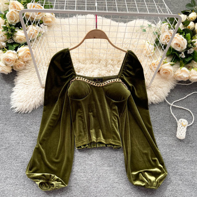 Hillary Long Sleeves Velvet Padded Blouse with Chain Detailing