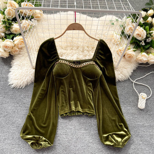Hillary Long Sleeves Velvet Padded Blouse with Chain Detailing