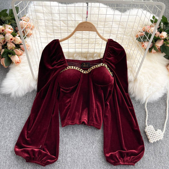 Hillary Long Sleeves Velvet Padded Blouse with Chain Detailing