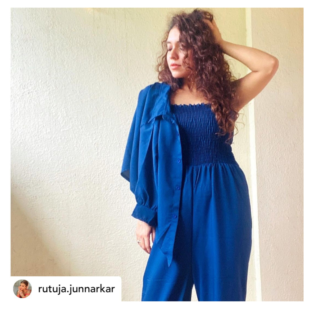 Seaside wide legged Pleated Jumpsuit with lace up blouse