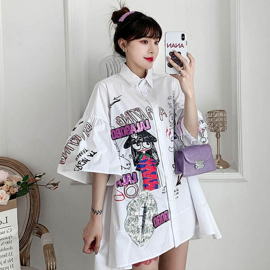 Amanda Cartoon Print Sequinned shirt Dress