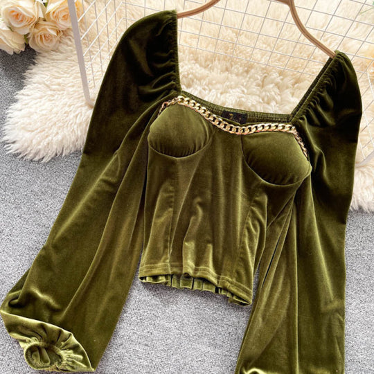 Hillary Long Sleeves Velvet Padded Blouse with Chain Detailing