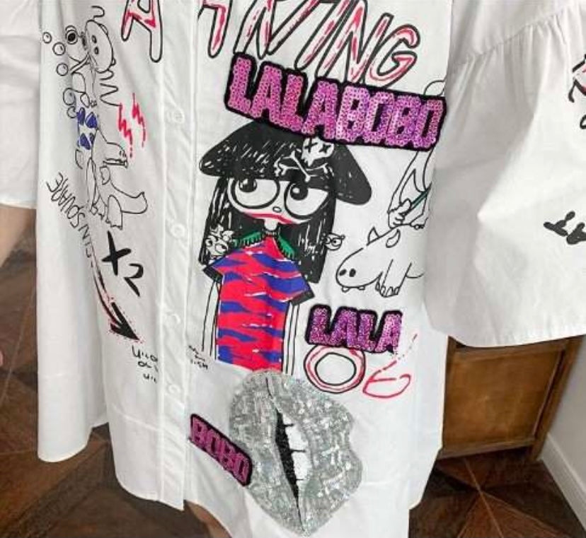 Amanda Cartoon Print Sequinned shirt Dress