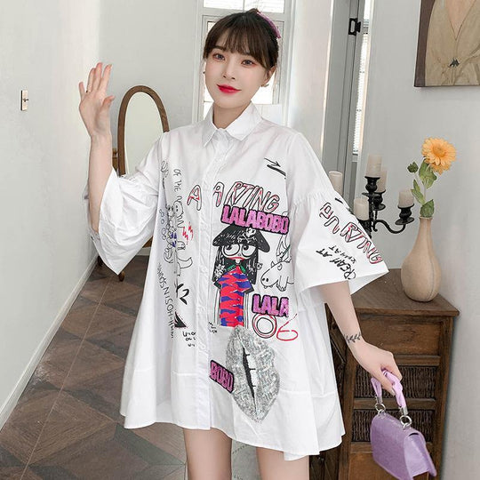 Amanda Cartoon Print Sequinned shirt Dress