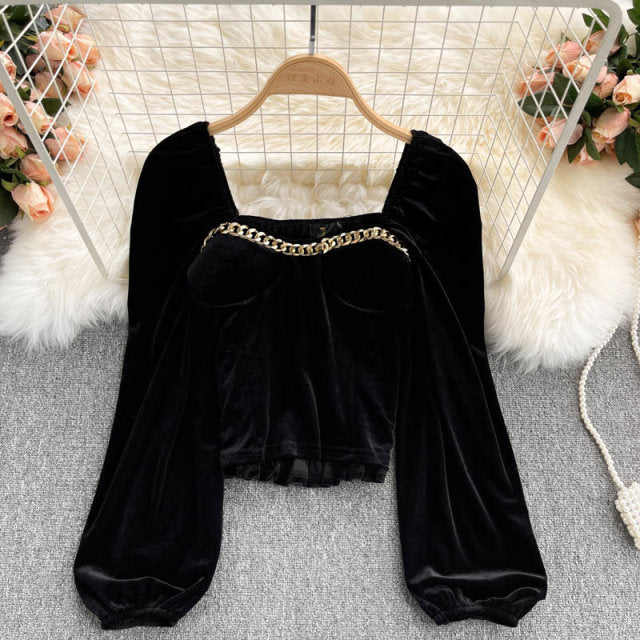 Hillary Long Sleeves Velvet Padded Blouse with Chain Detailing
