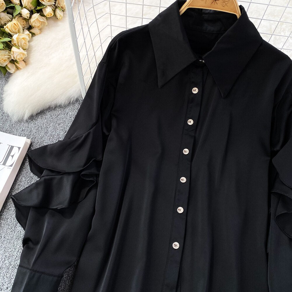 Kenza Solid Lapel collar ruffled Satin Shirt