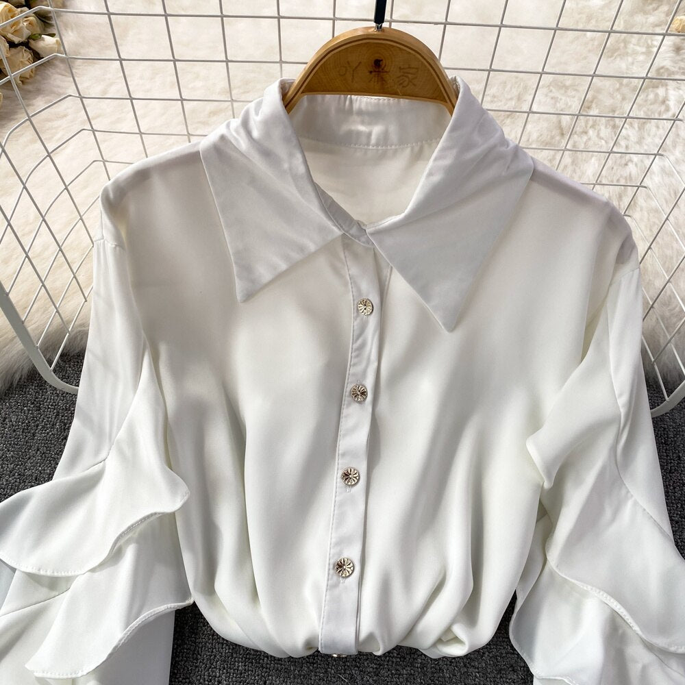 Kenza Solid Lapel collar ruffled Satin Shirt