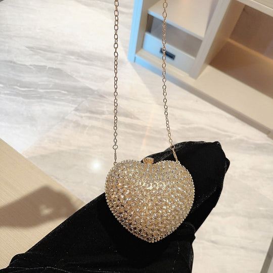 Studded Heart Shaped Clutch with Shoulder Chain