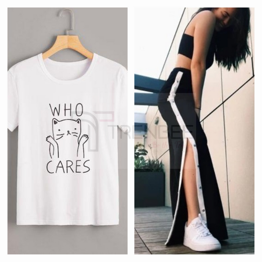 Set of Side button tapped pants and Cotton Printed Tees