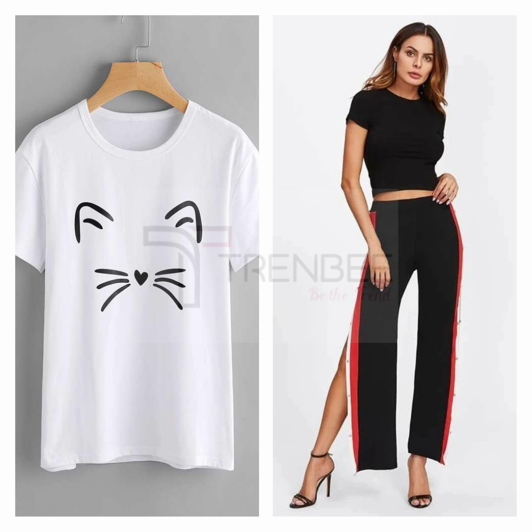 Set of Side button tapped pants and Meow Printed Colored Tees