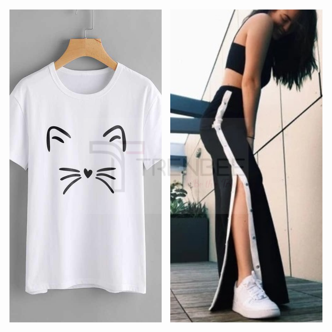 Set of Side button tapped pants and Meow Printed Colored Tees