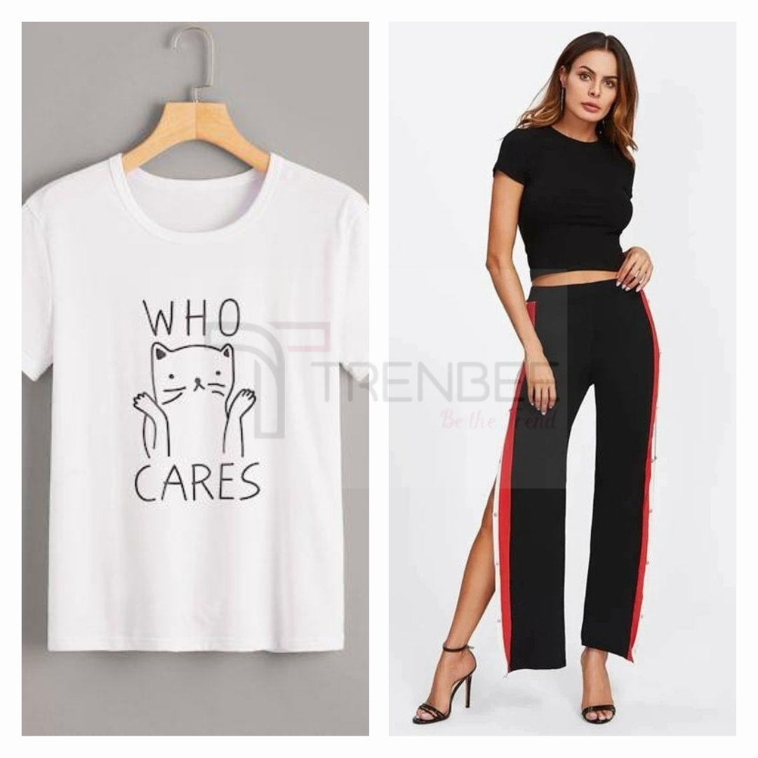 Set of Side button tapped pants and Cotton Printed Tees