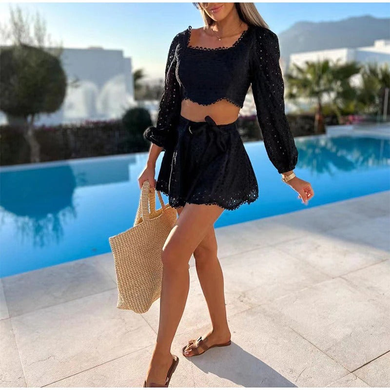 Donatella Hollow out Blouse and Shorts Set