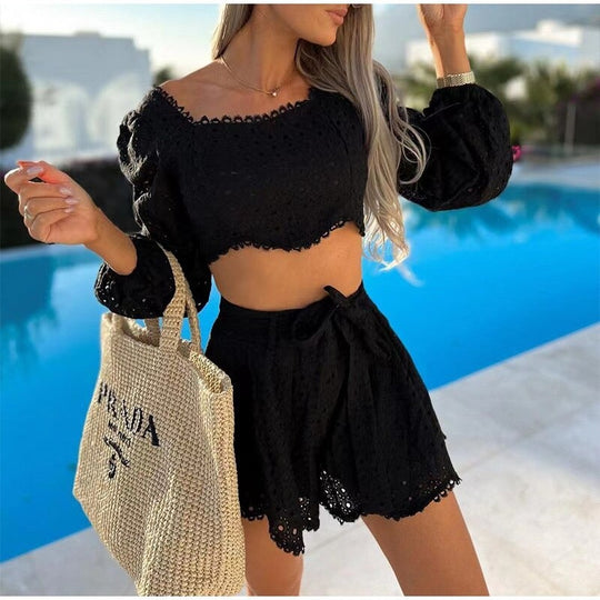 Donatella Hollow out Blouse and Shorts Set