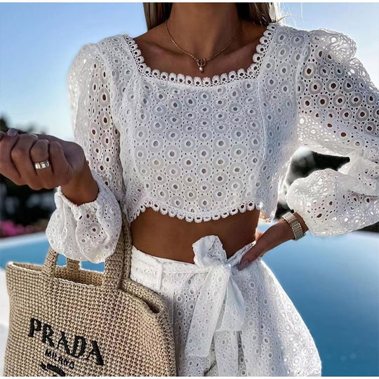 Donatella Hollow out Blouse and Shorts Set